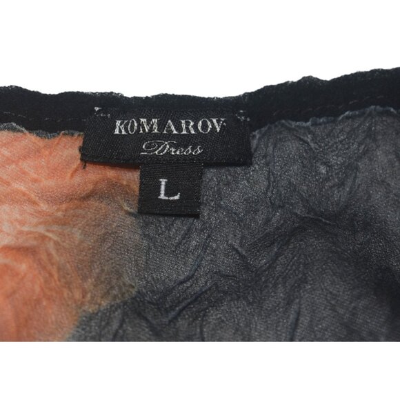 Stunning Komarov Dress Sheer Crinkle Floral Print on Black Hanky Hem L - Picture 5 of 6